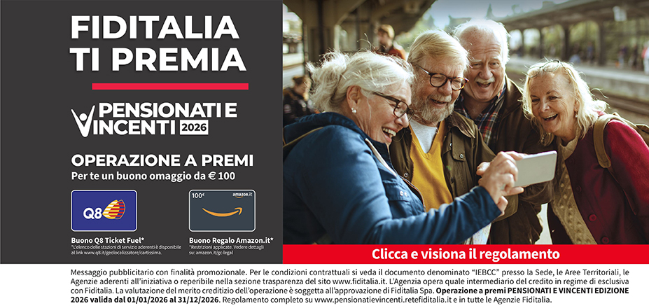 Agenzia Studio DAC Fiditalia | Milano | Fiditalia ti premia - Vicni un omaggio da €100. Operazione a premi. Clicca e visiona il regolamento. Operazione a premi PENSIONATI E VINCENTI 2025 valida dal 01/01/2025 al 31/12/2025. Regolamento completo www.pensionatievincenti.retefiditalia.it