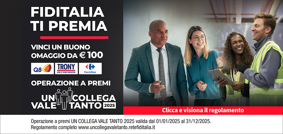 Agenzia Studio DAC Fiditalia | Milano | Fiditalia ti premia - Vinci un buono omaggio da €100. Operazione a premi. Clicca e visiona il regolamento. Operazione a premi UN COLLEGA VALE TANTO 2025 valida dal 01/01/2025 al 31/12/2025. Regolamento completo www.uncollegavaletanto.retefiditalia.it