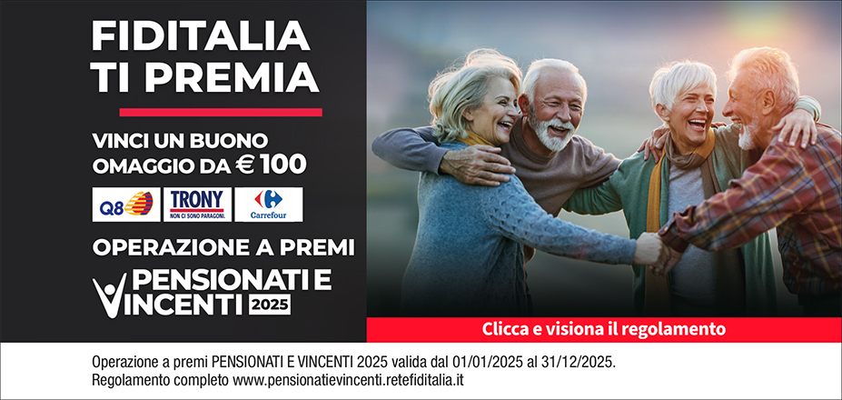 Agenzia Studio DAC Fiditalia | Milano | Fiditalia ti premia - Vicni un omaggio da €100. Operazione a premi. Clicca e visiona il regolamento. Operazione a premi PENSIONATI E VINCENTI 2025 valida dal 01/01/2025 al 31/12/2025. Regolamento completo www.pensionatievincenti.retefiditalia.it